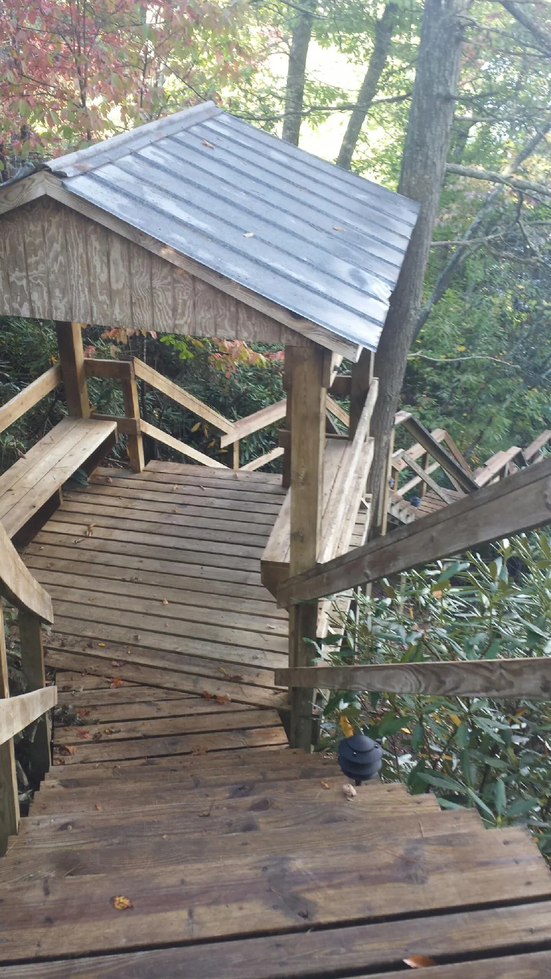 Metal roofed shelter over wooden steps on a wooded walkway — Skylight Repair & Installation work by our crew in Paynesville